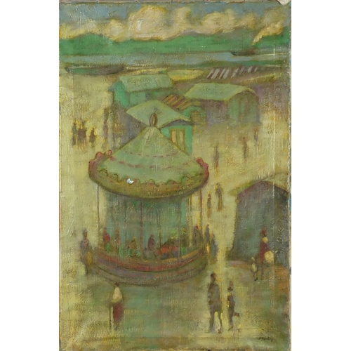 1260 - Travelling fun fair, Dollymount, oil on canvas, bearing a signature, inscription Macgonigal and part... 