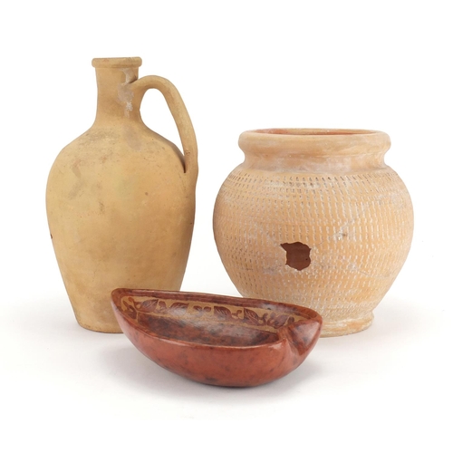 351 - Two Roman style terracotta vessels and a bowl, the largest 27cm high
