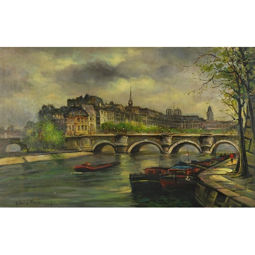29 - Manner of Emile Boyer - Paris river scene, oil on board, mounted and framed, 69cm x 44cm