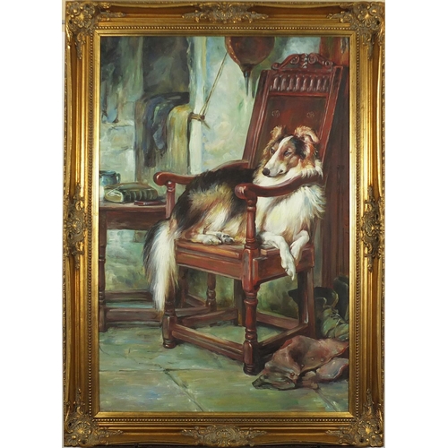 284 - Dog seated in a chair, oil on canvas, framed, 90cm x 60cm