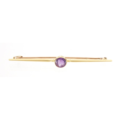 619 - 15ct gold amethyst bar brooch, 6cm in length, approximate weight 3.0g