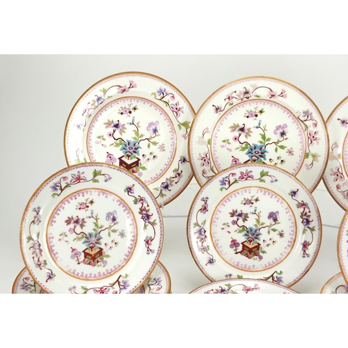223 - Royal Crown Derby teaware including soup bowls and dinner plates, each enamelled with flowers, some ... 