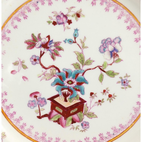 223 - Royal Crown Derby teaware including soup bowls and dinner plates, each enamelled with flowers, some ... 