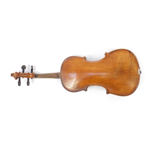 148 - Old wooden violin with one piece back, bow and protective case, the violin bearing a paper label dat... 