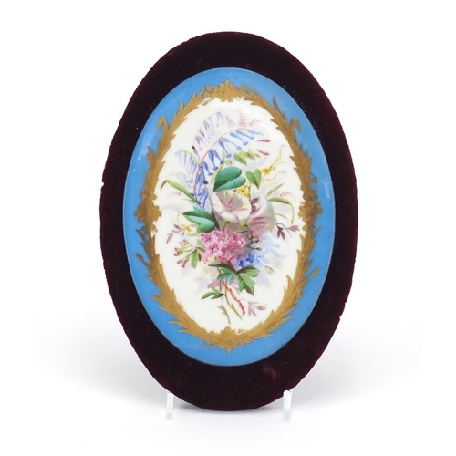642 - 19th century oval porcelain panel, hand painted with flowers, probably by Sèvres, 18.5cm x 13cm