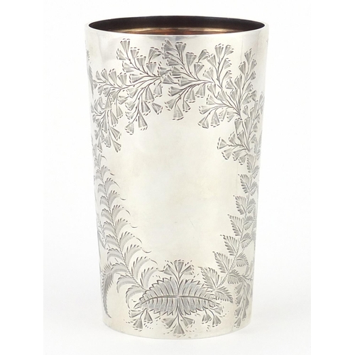757 - Victorian aesthetic silver beaker engraved with leaves, by Charles Boyton London 1893, 10.5cm high, ... 