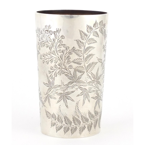 757 - Victorian aesthetic silver beaker engraved with leaves, by Charles Boyton London 1893, 10.5cm high, ... 