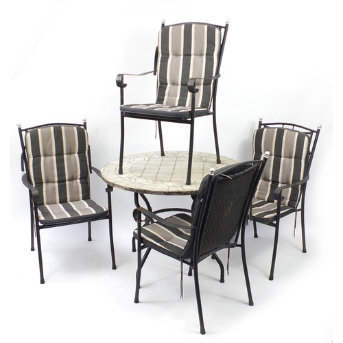 79 - Stone mosaic garden table with four chairs, the table with Sun Garden label, 74cm high x 100cm in di... 