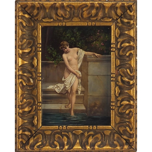 446 - Nude female bathing, picture on board, framed, 15cm x 10cm