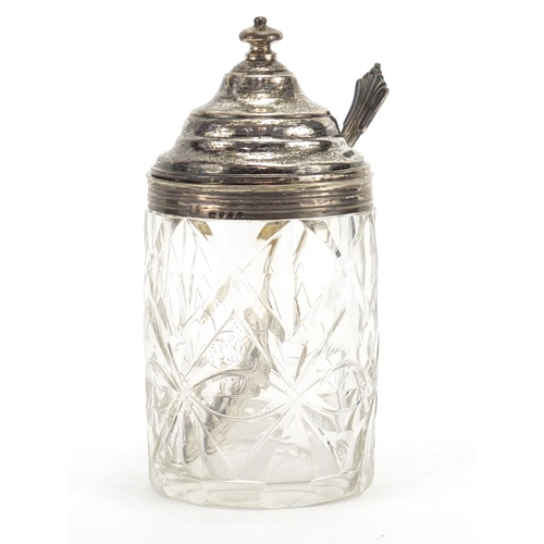 691 - Victorian cut glass preserve jar with silver lid and spoon, 14cm high
