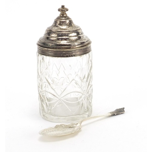 691 - Victorian cut glass preserve jar with silver lid and spoon, 14cm high