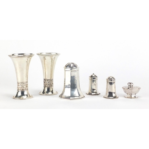 189 - Silver plate including a pair of Arts & Crafts vases in the style of A E Jones, 13cm high