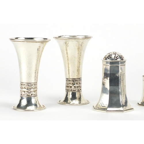 189 - Silver plate including a pair of Arts & Crafts vases in the style of A E Jones, 13cm high