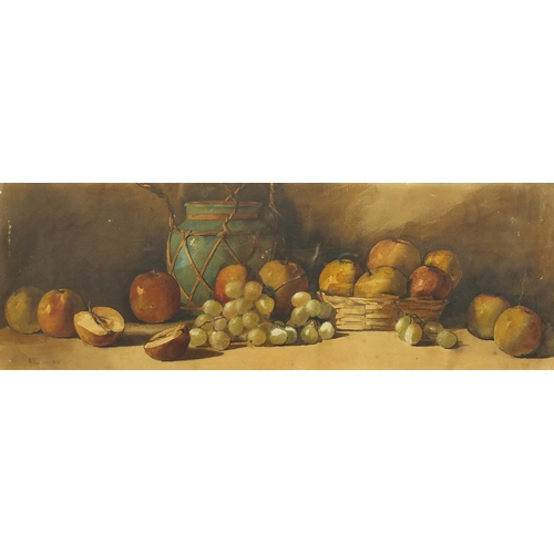 420 - Arthur Dudley - Still life fruit and a vessel, watercolour on card, framed, 78cm x 27cm