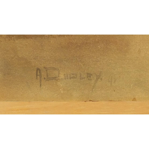 420 - Arthur Dudley - Still life fruit and a vessel, watercolour on card, framed, 78cm x 27cm