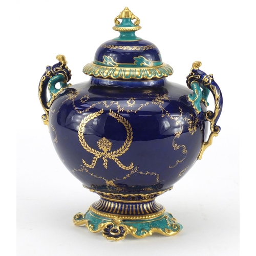 2246 - *WITHDRAWN* Royal Crown Derby gilded vase and cover with twin handles by Charles Harris, hand painte... 