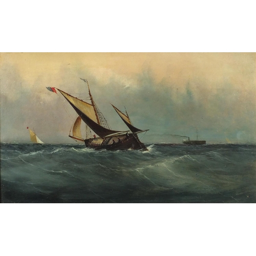 303 - Attributed to Frederick William Meyer - Boats on choppy seas, maritime interest oil on board, inscri... 