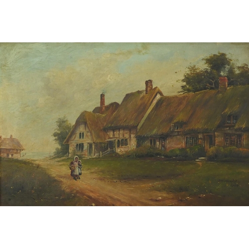 27 - J W Humby - Figures before cottages, pair of Edwardian oil on canvases, each 60cm x 40cm