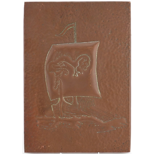 181 - Arts & Crafts Newlyn style copper panel embossed with a ship in water, 29.5cm x 21cm