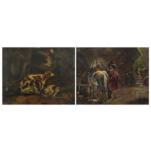 445 - Three hounds and figure with horses, 19th century double sided oil on card, framed, 18cm x 14cm