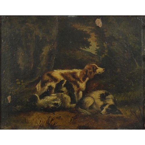 445 - Three hounds and figure with horses, 19th century double sided oil on card, framed, 18cm x 14cm