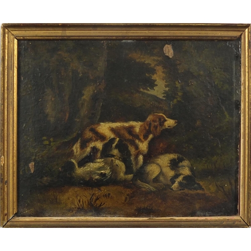 445 - Three hounds and figure with horses, 19th century double sided oil on card, framed, 18cm x 14cm