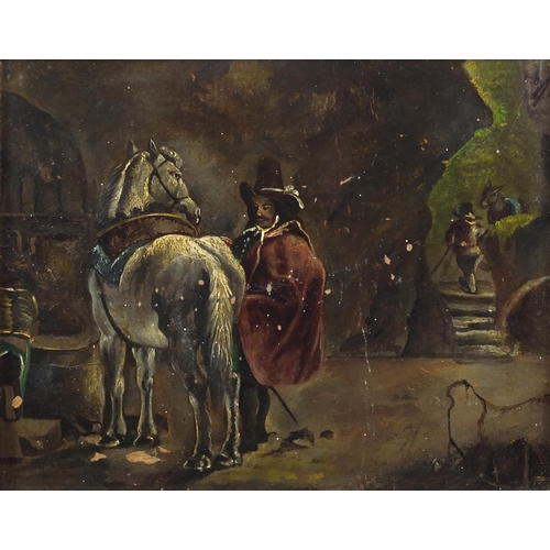 445 - Three hounds and figure with horses, 19th century double sided oil on card, framed, 18cm x 14cm