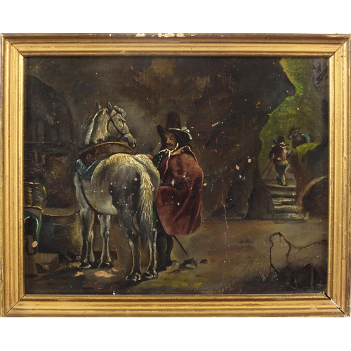 445 - Three hounds and figure with horses, 19th century double sided oil on card, framed, 18cm x 14cm