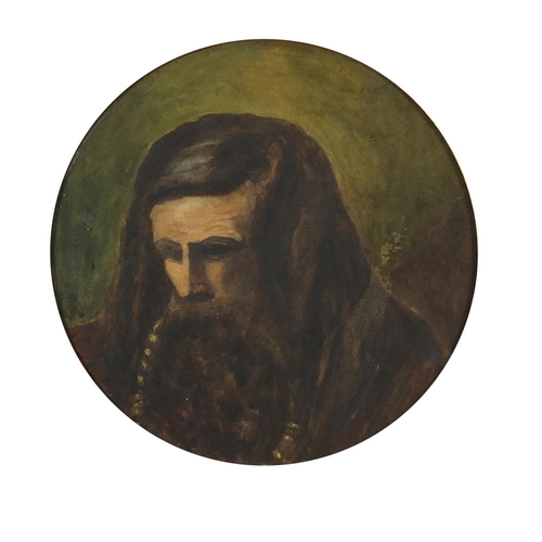 521A - Portrait of Christ, oval watercolour,  framed, 27.5cm in diameter