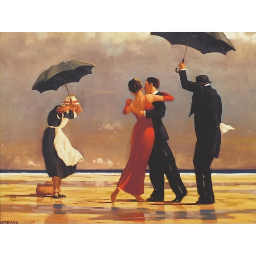 70 - Jack Vettriano - Figures dancing on a beach, coloured print on canvas, framed, 79cm x 59cm