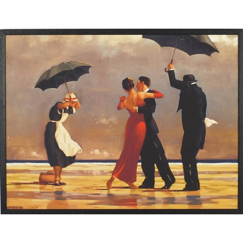70 - Jack Vettriano - Figures dancing on a beach, coloured print on canvas, framed, 79cm x 59cm