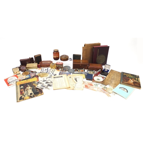 440 - Sundry items including inlaid wooden jewellery boxes, bank notes, advertising tins and a vintage cam... 