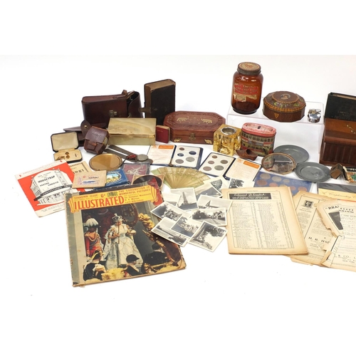 440 - Sundry items including inlaid wooden jewellery boxes, bank notes, advertising tins and a vintage cam... 