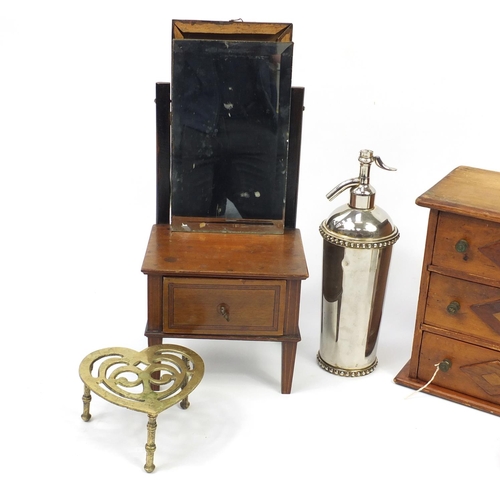 495 - Wooden and metalwares including three drawer chest, silver plated soda syphon and Victorian brass tr... 