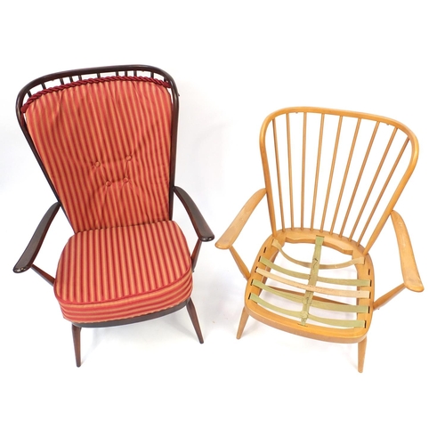 57 - Two Ercol stick back open armchairs