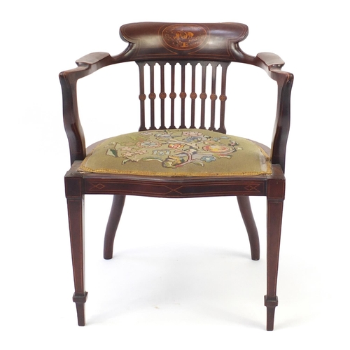 7 - Victorian inlaid rosewood tub chair with needlepoint seat, 75cm high