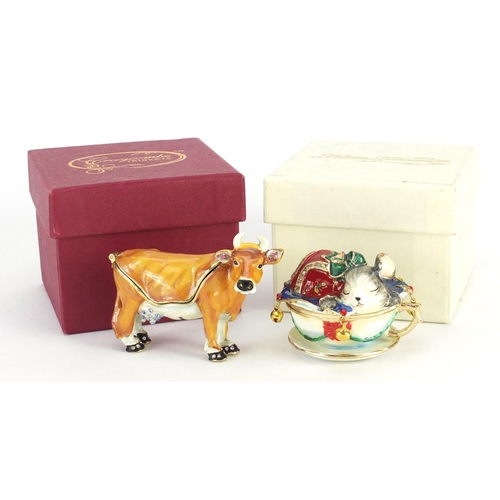 756 - Two enamelled cow and mouse trinkets, the largest 6.5cm in length