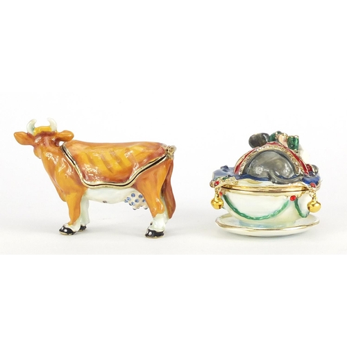 756 - Two enamelled cow and mouse trinkets, the largest 6.5cm in length