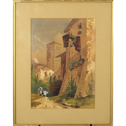 442 - Continental scene, 19th century heightened watercolour, mounted and framed, 35.5cm x 25cm