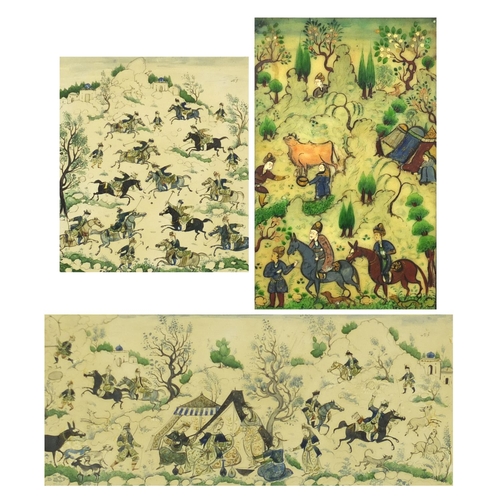 444A - Three Indian Mughal style paintings depicting figures and animals, each framed, the largest 17cm x 7... 