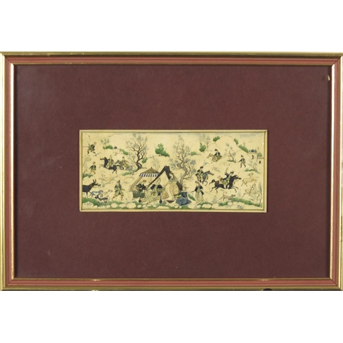 444A - Three Indian Mughal style paintings depicting figures and animals, each framed, the largest 17cm x 7... 