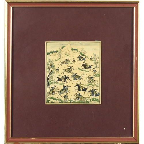 444A - Three Indian Mughal style paintings depicting figures and animals, each framed, the largest 17cm x 7... 