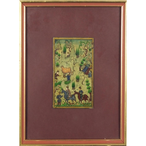 444A - Three Indian Mughal style paintings depicting figures and animals, each framed, the largest 17cm x 7... 