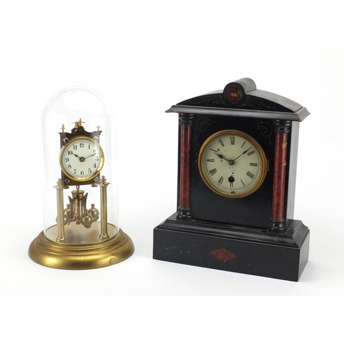 496 - Brass Anniversary clock with glass dome and a Victorian style painted wood mantel clock, the largest... 