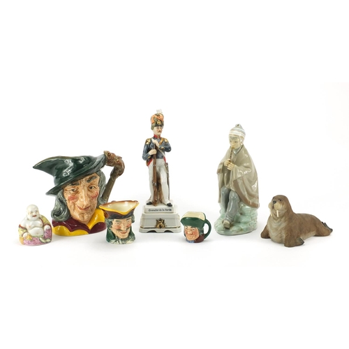 292 - Collectable china including Nao figure, Royal Doulton character jugs and an Aynsley walrus