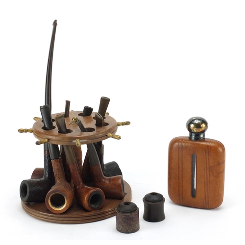 267 - Vintage wooden pipes with stand and a leather mounted hip flask