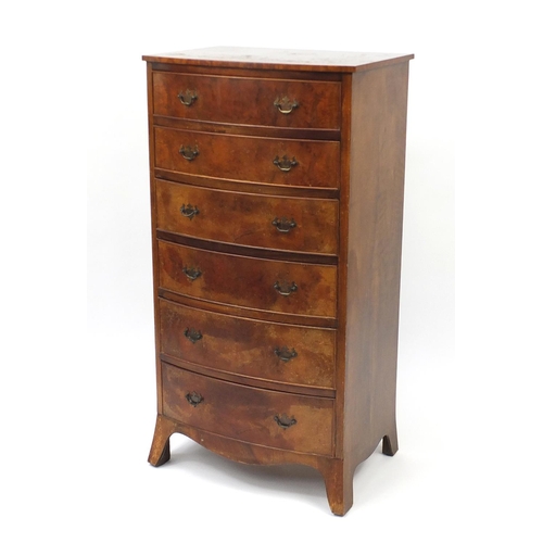 51 - Walnut bow front six drawer chest, 121cm H x 63cm W x 46cm D
