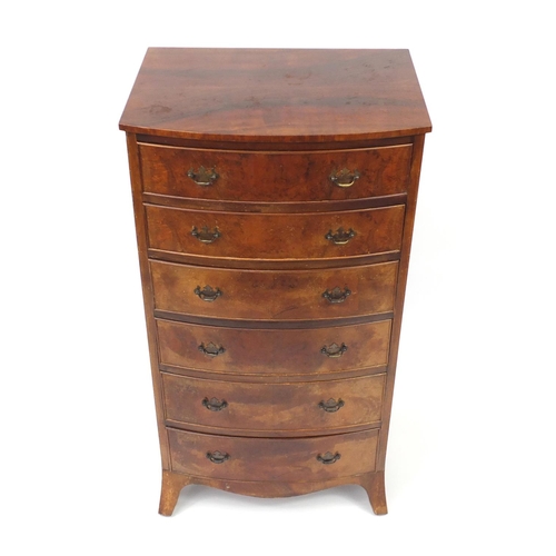 51 - Walnut bow front six drawer chest, 121cm H x 63cm W x 46cm D