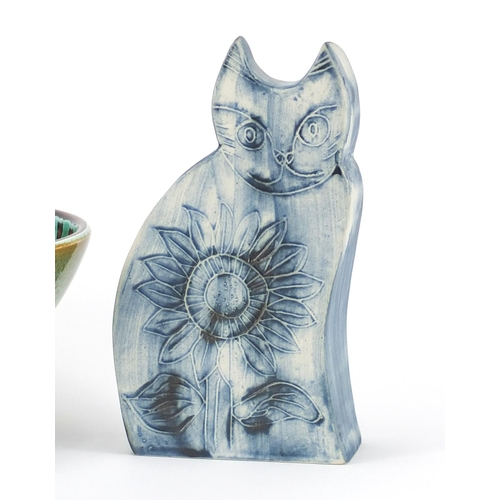 289 - Carn pottery cat and vase and a Poole pottery footed bowl, the largest 17cm high