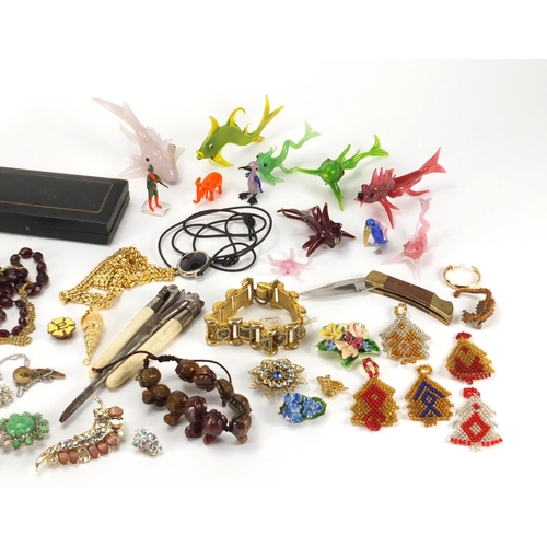 667 - Objects, miniature glass animals and costume jewellery including 9ct gold stud and boxed pair of sil... 